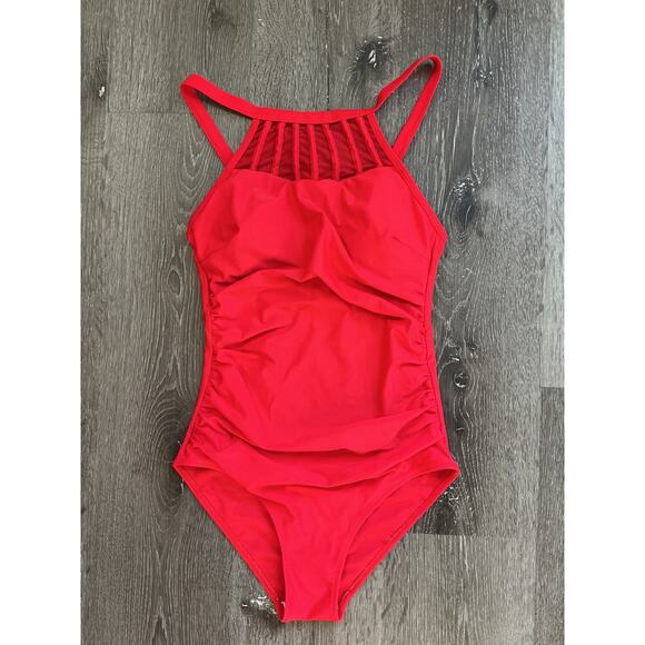 One Piece Ruched Side Halter Neck Mesh Detail Red Bathing Swim Suit Womens XS - Picture 1 of 9